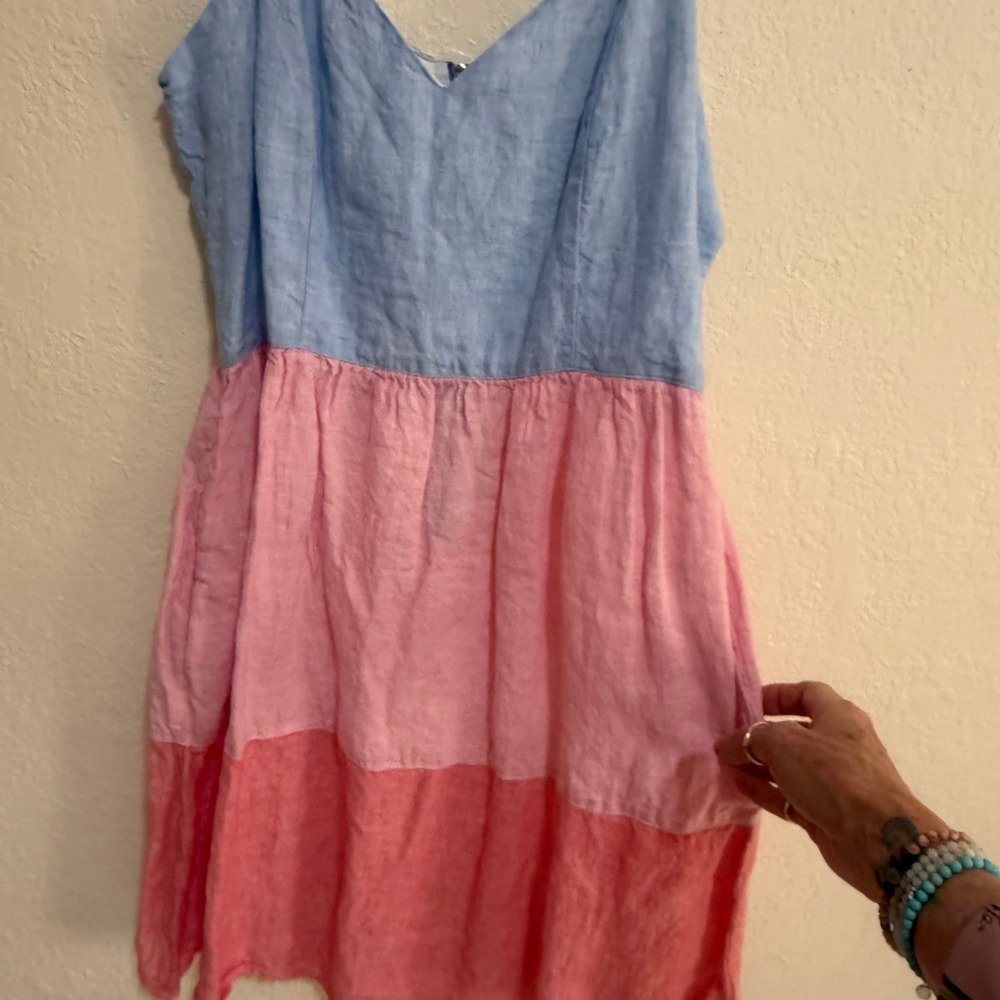 Cynthia Rowley 100% Linen Colorblock Mini Dress Blue Pink Coral Size 6 Pocket - Picture 4 of 10